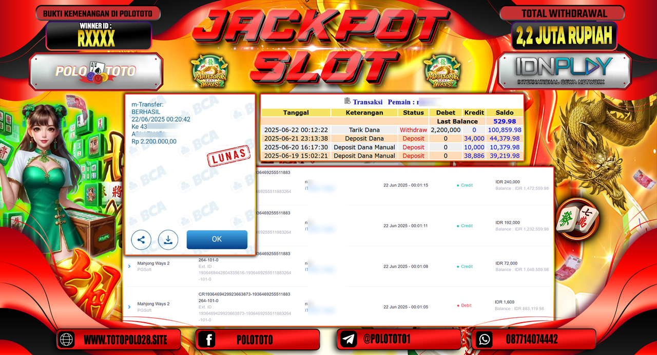 POLOTOTO JACKPOT SLOT MAHJONG WAYS 2 Rp.2.200.000,-