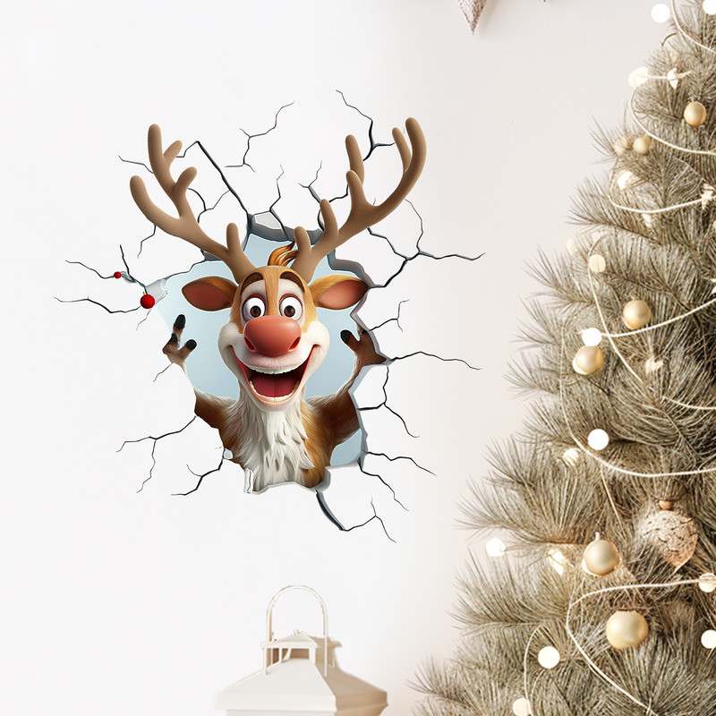 10 PCS Creative 3D Reindeer Peeking Through Wall Christmas PVC Wall Decal for global Homes