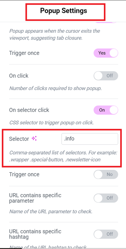 popup settings