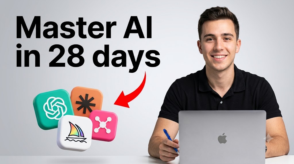 AI-generated example result for the youtube-thumbnail prompt: Master AI In 28 Days Thumbnail – ChatGPT, Claude & Midjourney Icons AI YouTube Thumbnail Prompt