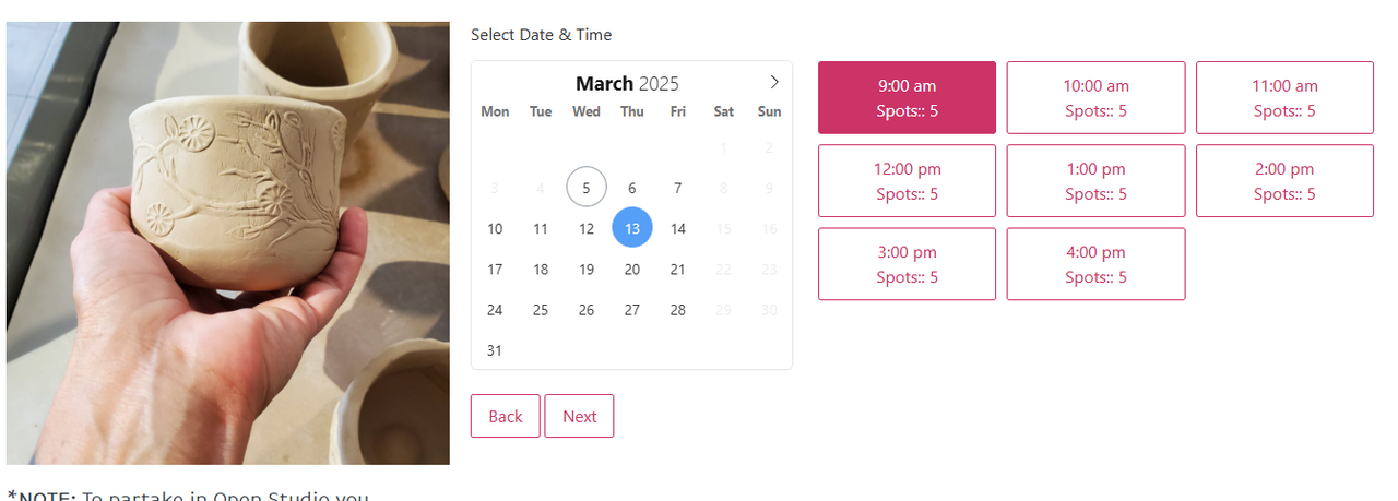 screenshot of studio time booking