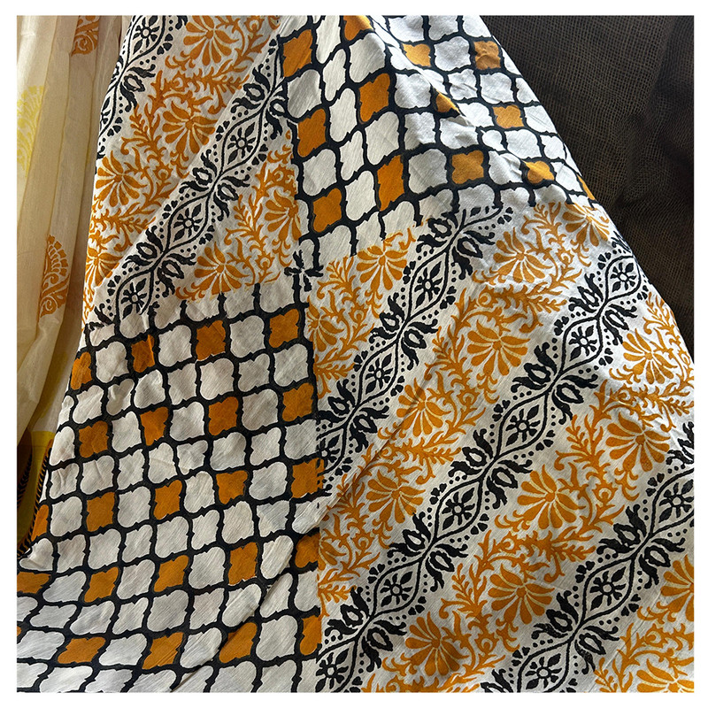 Hand Block Printed Cream Color Saree with Rust and Black Design