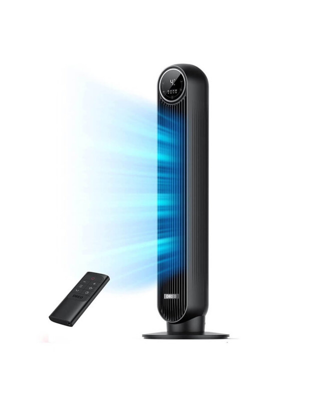 Abanico de torre Dreo de 36 pulgadas, color negro, diseño moderno.