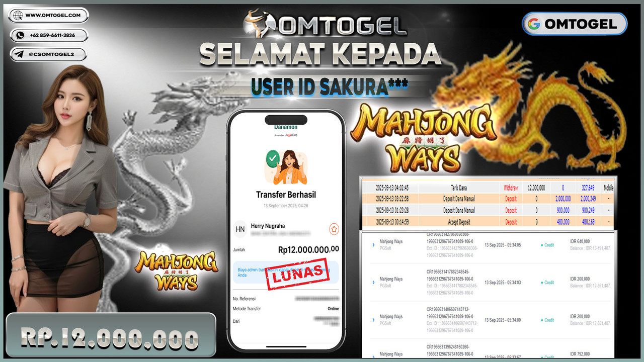 OMTOGEL JACKPOT PGSOFT MAHJONG WAYS 12 JUTA DI BAYAR LUNAS ,-