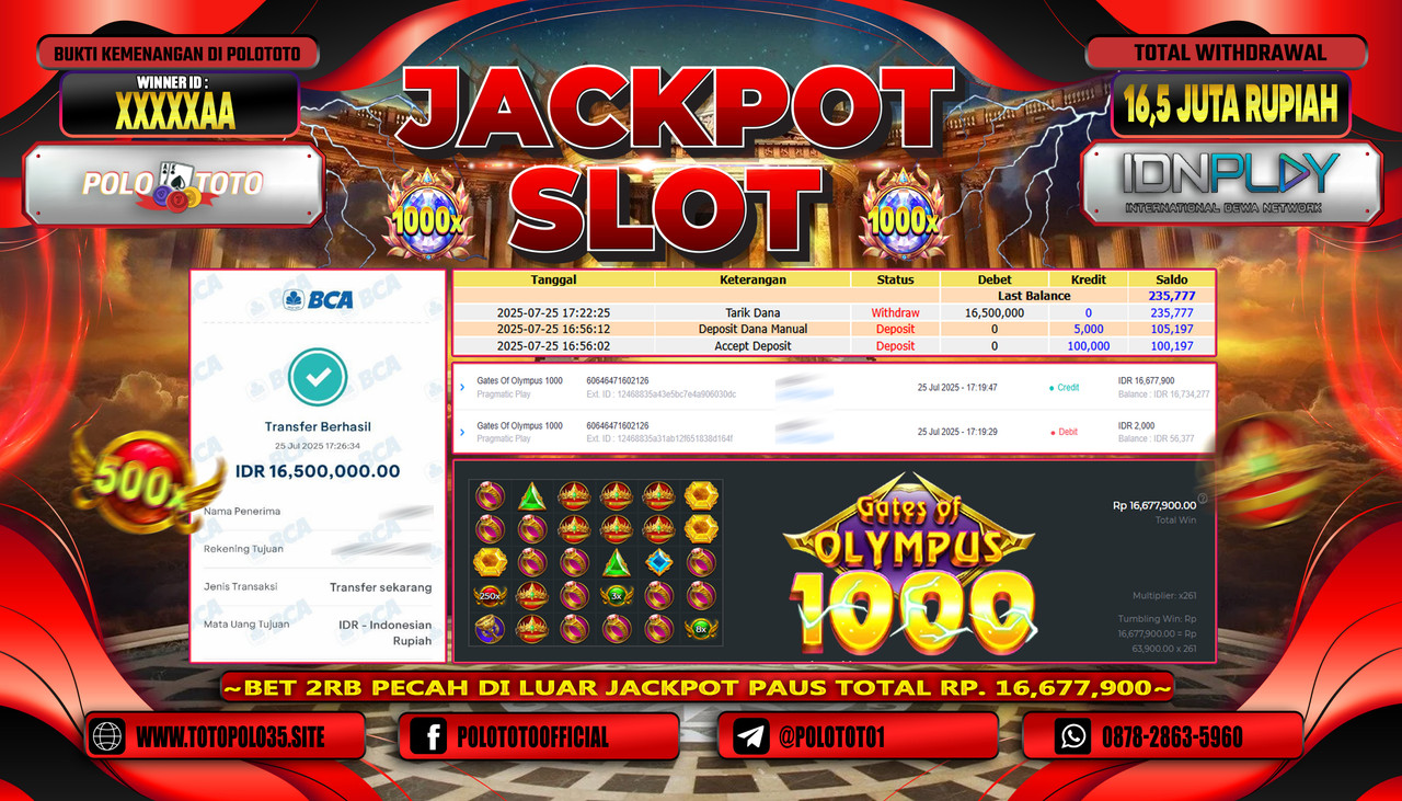 POLOTOTO JACKPOT SLOT GATES OF OLYMPUS 1000 Rp.16.500.000,- LUNAS
