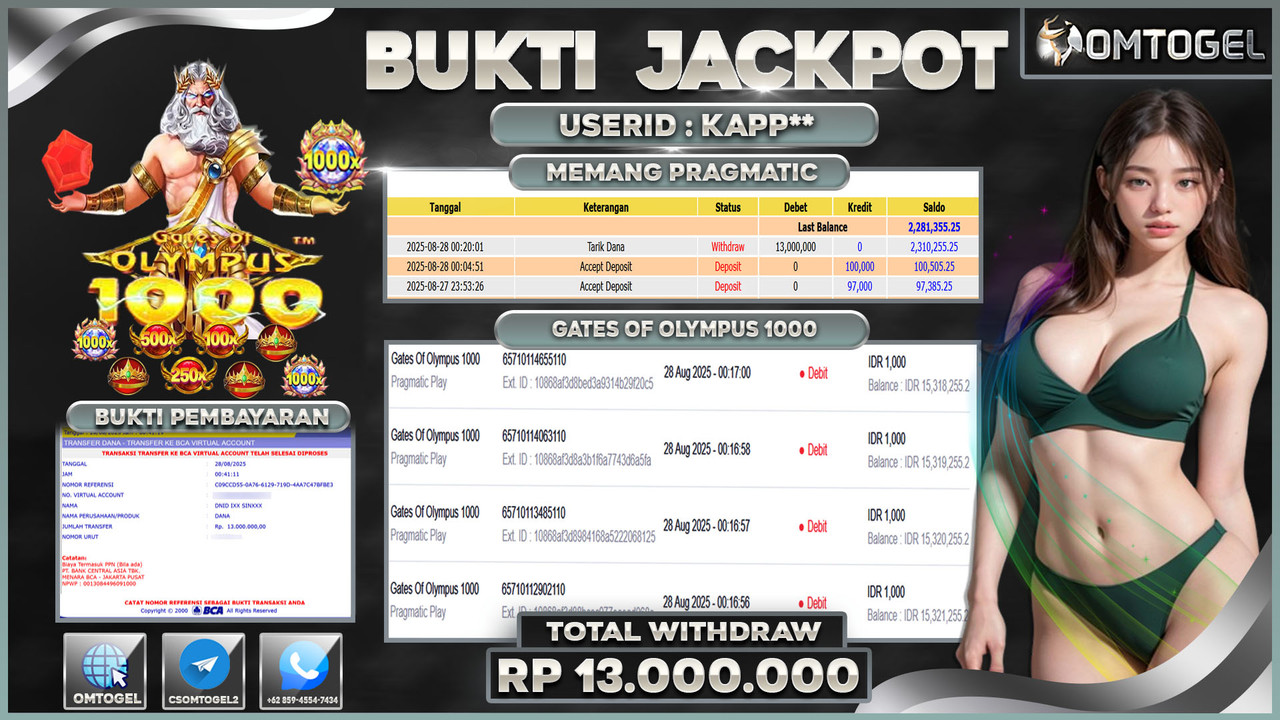 OMTOGEL JACKPOT PRAGMATIC PLAY GATES OF OLYMPUS 1000 13 JUTA DI BAYAR LUNAS ,-