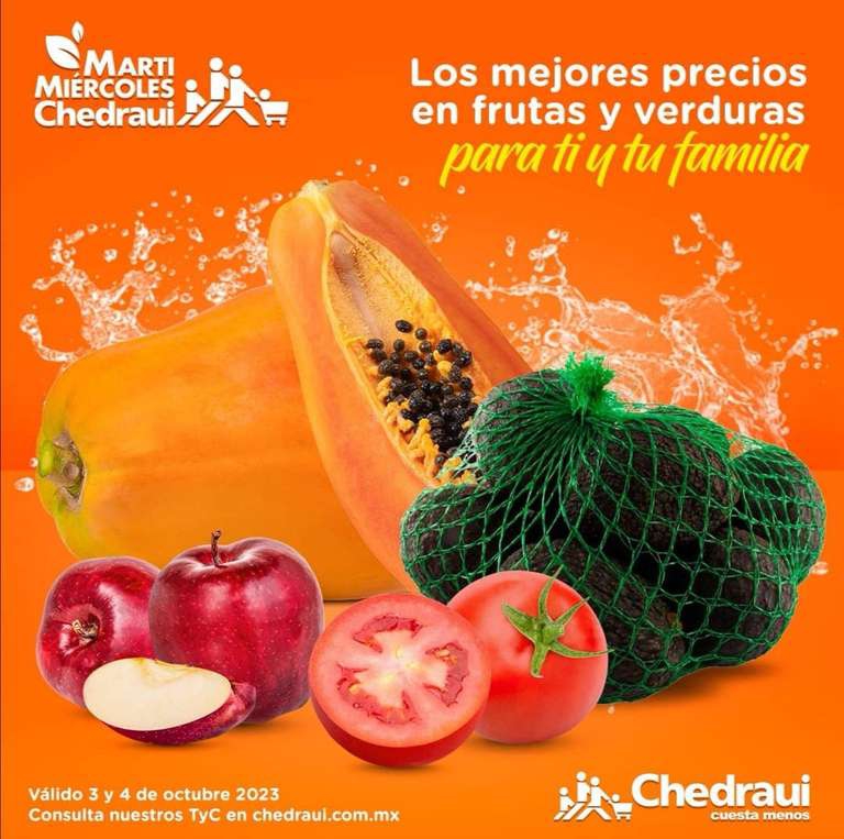 Chedraui: MartiMiércoles de Chedraui 3 y 4 Octubre: Papaya ó Jitomate Bola $16.90 kg • Aguacate en Malla $22.90 pza • Manzana Roja $29.50 kg 
