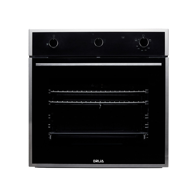 Horno a gas empotrable Drija Europa 60, de 60 cm, en acabado de acero inoxidable y vidrio negro.