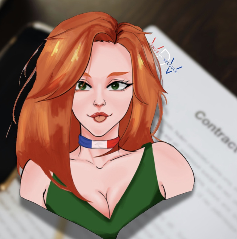 Venus showing tongue with a coutnract background signed Venus de Velours