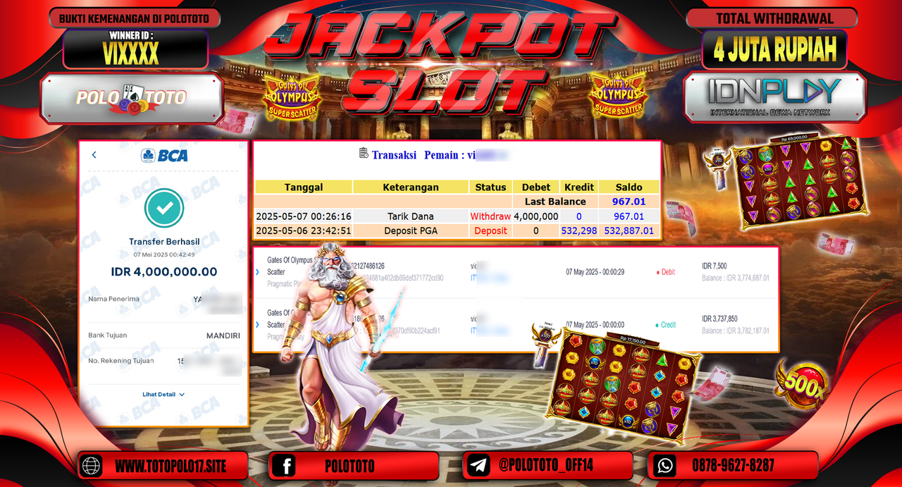 POLOTOTO JACKPOT SLOT GATES OF OLYMPUS SUPER SCATTER Rp.4.000.000,-