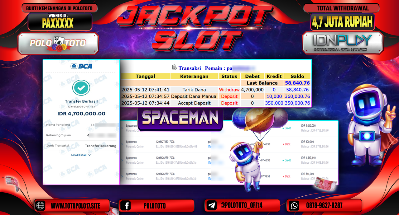 POLOTOTO JACKPOT SLOT SPACEMAN Rp.4.700.000,-