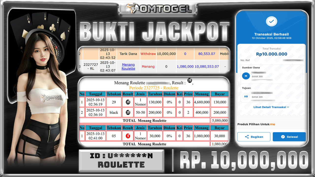 OMTOGEL JACKPOT LIVE GAMES ROULETTE 10 JUTA DI BAYAR LUNAS ,-
