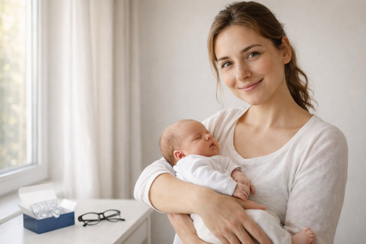 Молодая мама с ребёнком на руках без очков и контактных линз после лазерной коррекции зрения