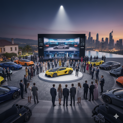 Concours-level vehicle staging and logistics team preparing cars for an auto show