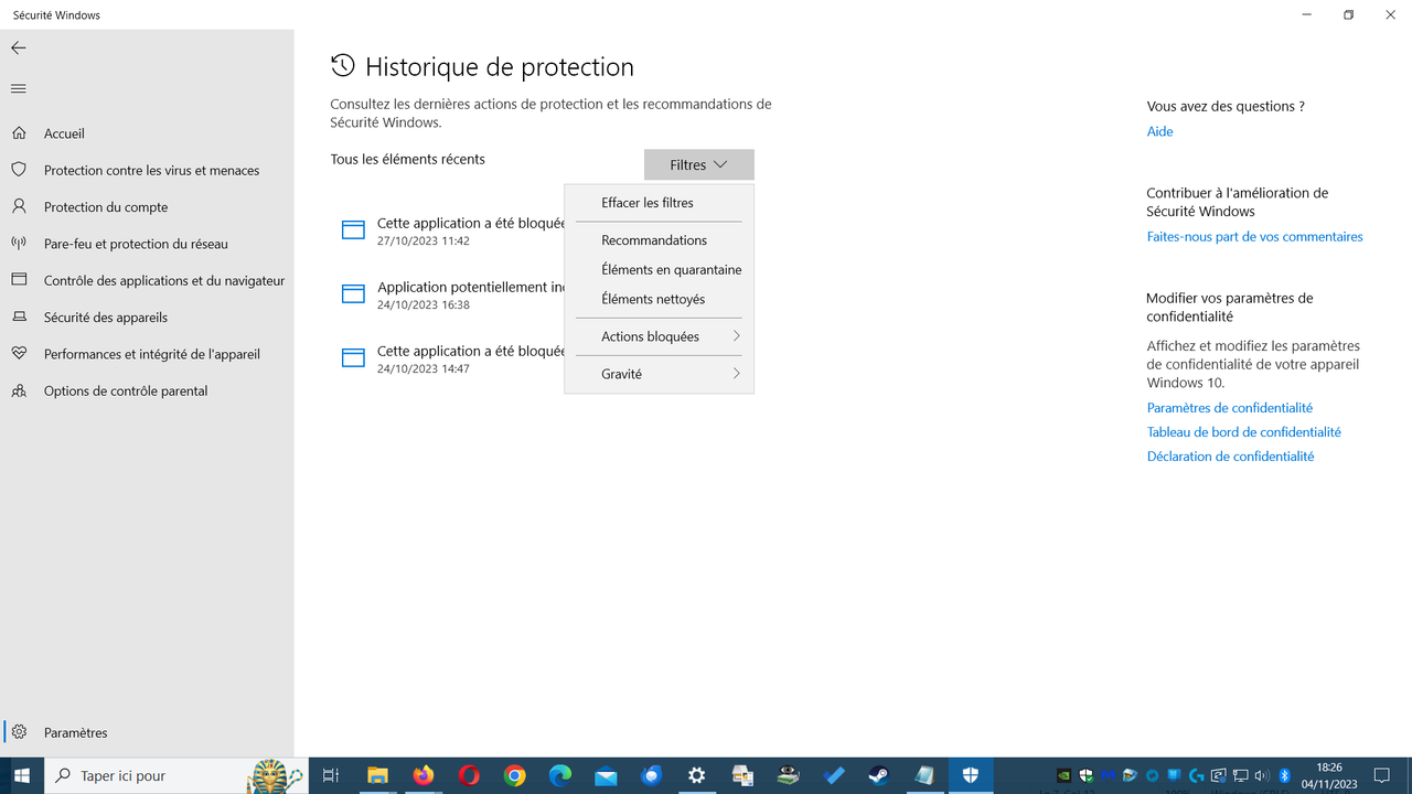OPTIONS HISTORIQUE DE PROTECTION
