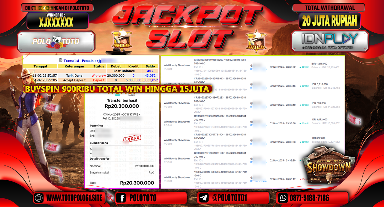 POLOTOTO JACKPOT SLOT WILD BOUNTHY SHOWDOWN Rp.20.000.000,- LUNAS