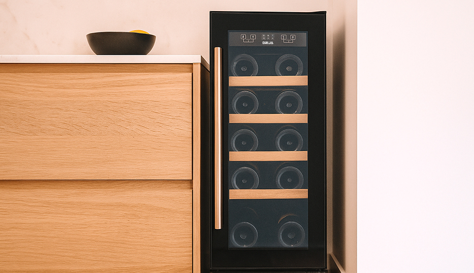 Cava de Vinos Drija Syrah 20 con diseño compacto y puerta de acero inoxidable.