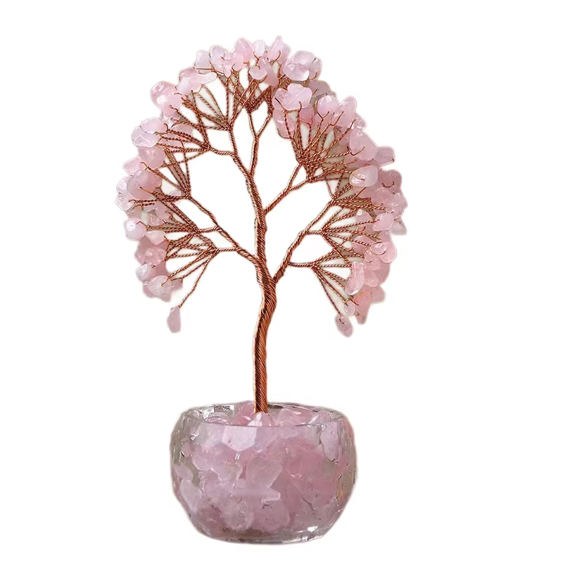 Pink Natural Crystal Tree Ornament – Handmade Miniature Decorative Tree with Glass Base for Home, Office & Gift