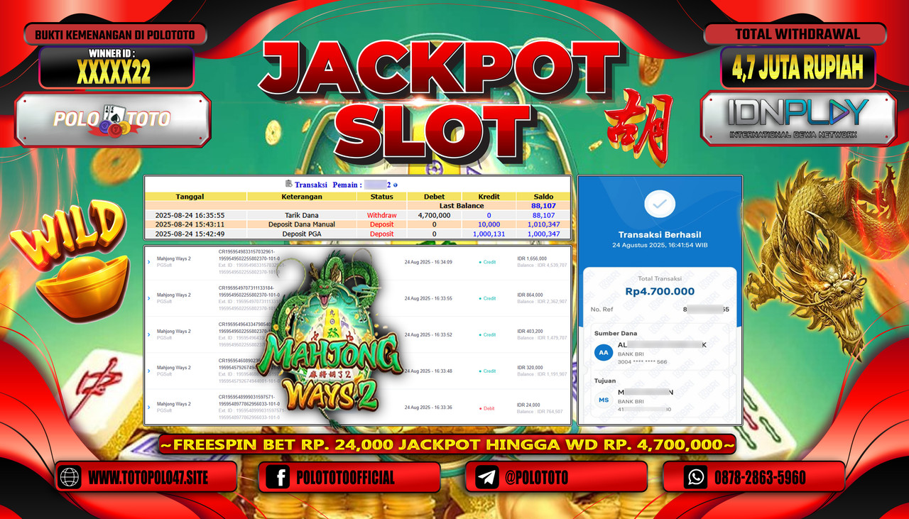 POLOTOTO JACKPOT SLOT MAHJONG WAYS 2 Rp.4.700.000,- LUNAS