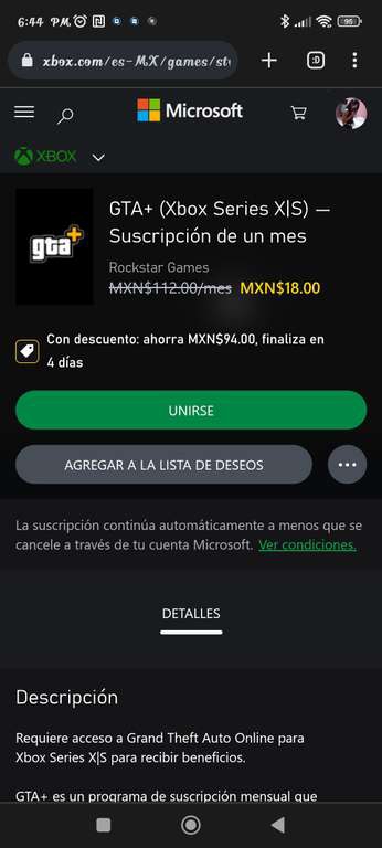 Xbox: GTA+ Suscripcion 1 mes $18 pesitos o un dólar 
