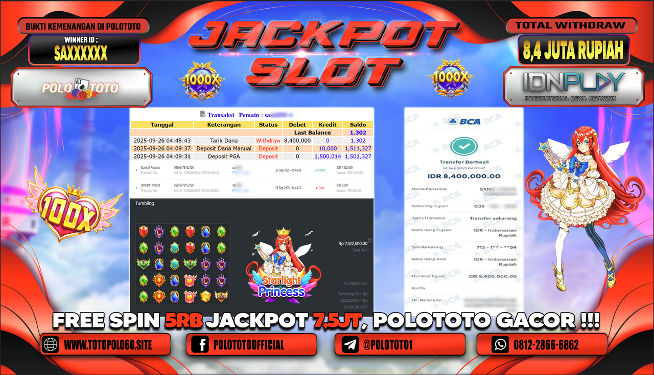 POLOTOTO JACKPOT SLOT STARLIGHT PRINCESS Rp.8.400.000,- LUNAS