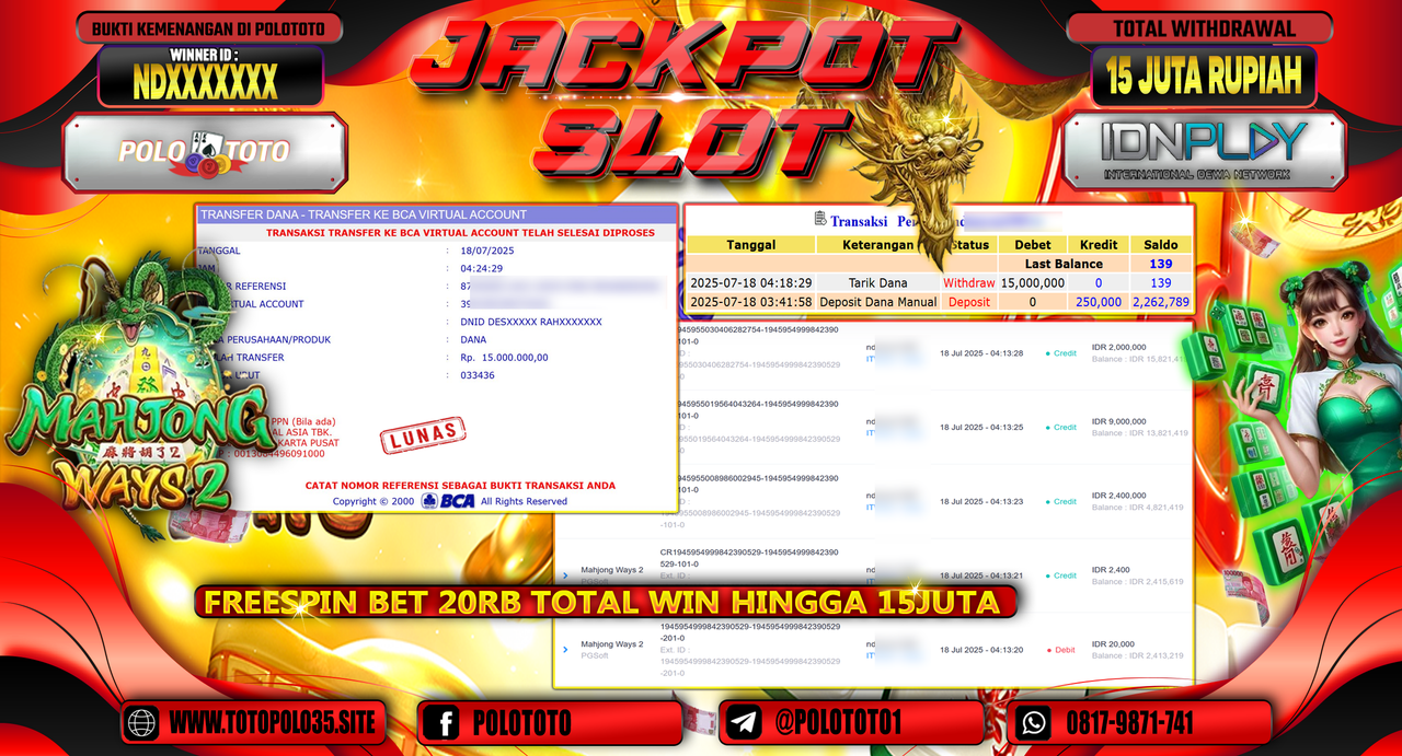POLOTOTO JACKPOT SLOT MAHJONG WAYS 2 Rp.15.000.000,- LUNAS