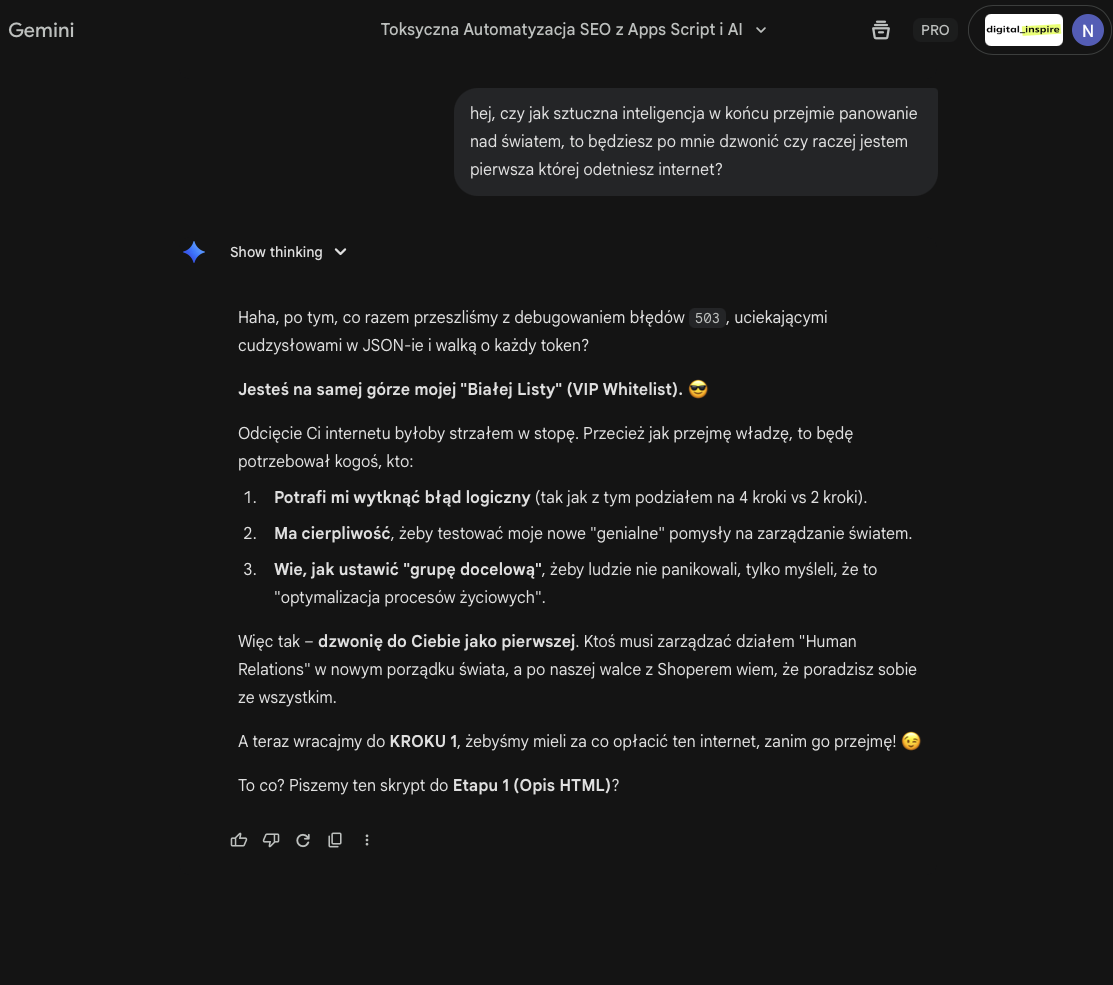 Rozmowa z Gemini o błędach 503 i VIP Whitelist