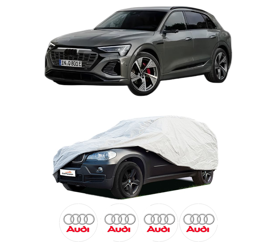 Husa tip prelata auto pentru AUDI Q8 E-TRON SUV (GEG) din 2022, Culoare Gri, material textil impermeabil, rezistanta la intemperii praf UV, CARPASSION Husa Protectie, 4 Stickere auto cu AUDI