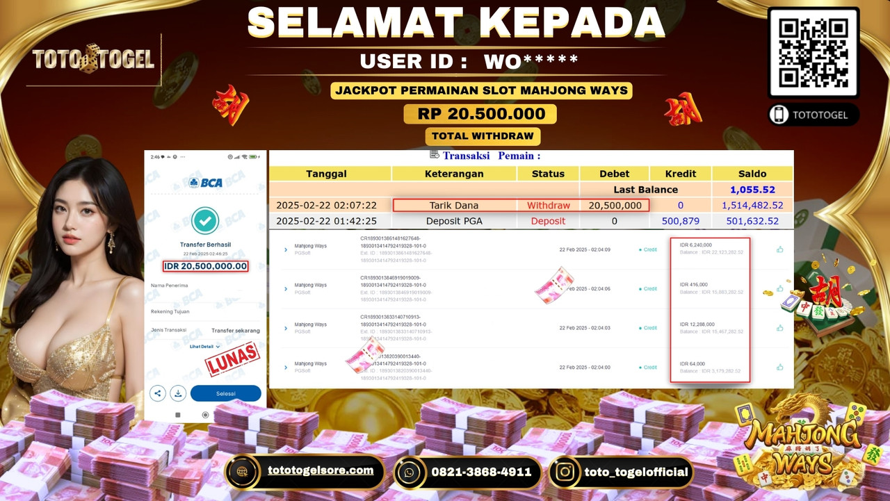 Bukti Pembayaran Jackpot  Permainan Slot Mahjong Ways  ID:WO***** LUNAS