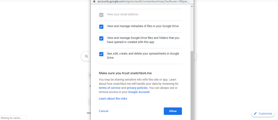 Connecting a new Google account requires you to provide Snatchbot with necessary permissions.