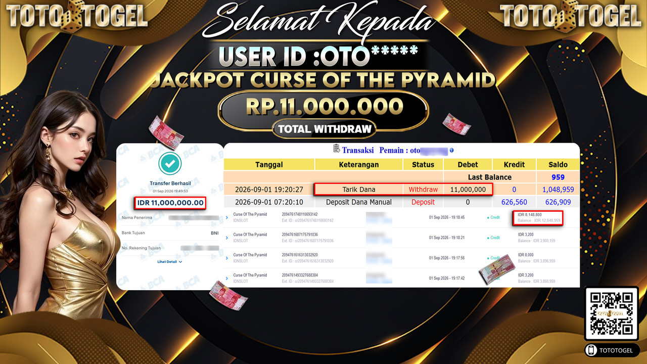Bukti Pembayaran Jackpot Slot Curse Of The Pyramid ID:OTO*****LUNAS