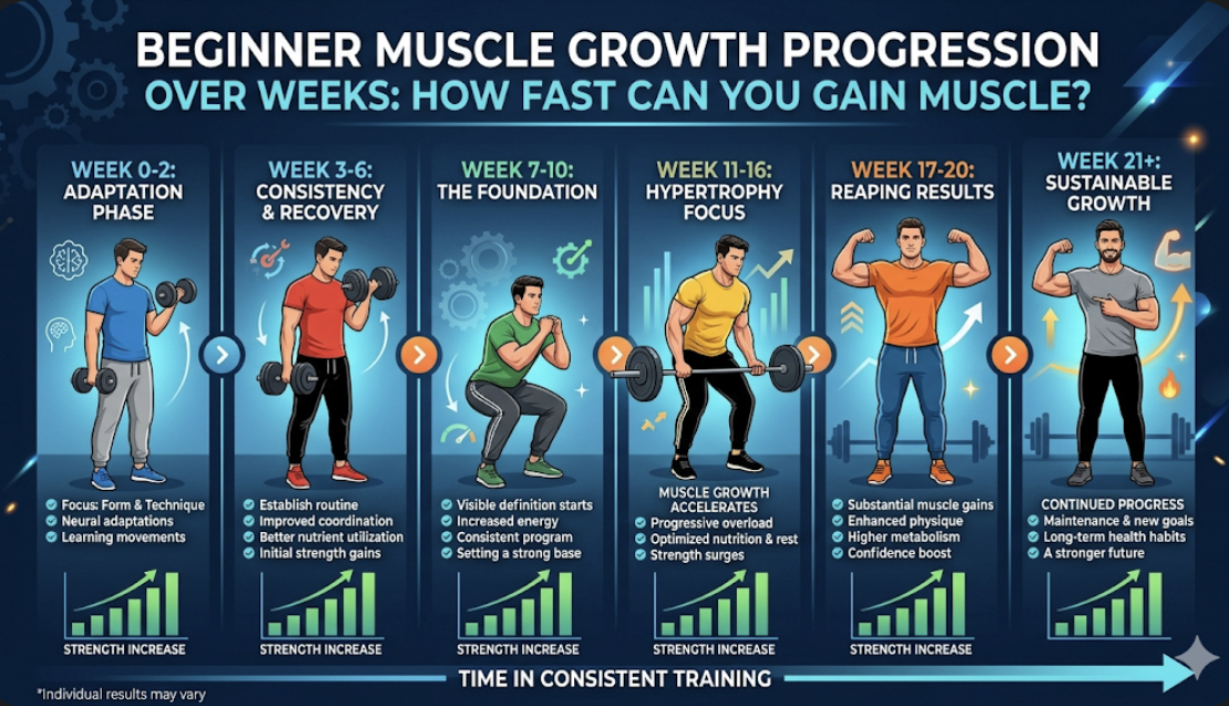 Infographic showing muscle growth rates by experience level with beginner, intermediate, and advanced monthly gains, explaining how long to build noticeable muscle