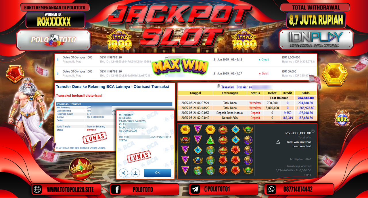 POLOTOTO JACKPOT SLOT GATES OF OLYMPUS 1000 Rp.8.700.000,-