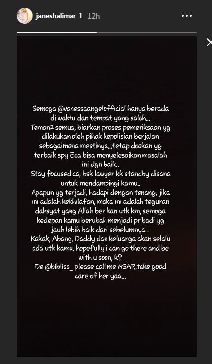 Pesan Jane Shalimar untuk Vanessa Angel yang ditangkap atas kasus prostitusi online.