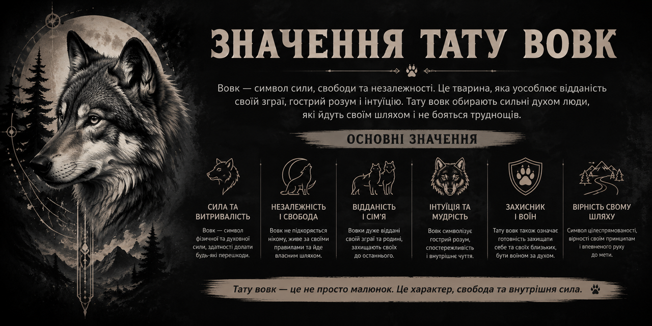 Значення тату вовк — символ сили, свободи та характеру