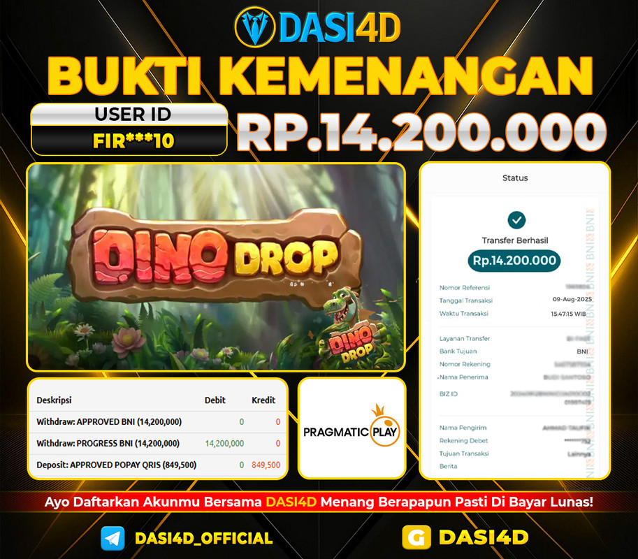 BUKTI KEMENANGAN 09 AGUSTUS 2025 DI DINO DROP WD 14.200.000