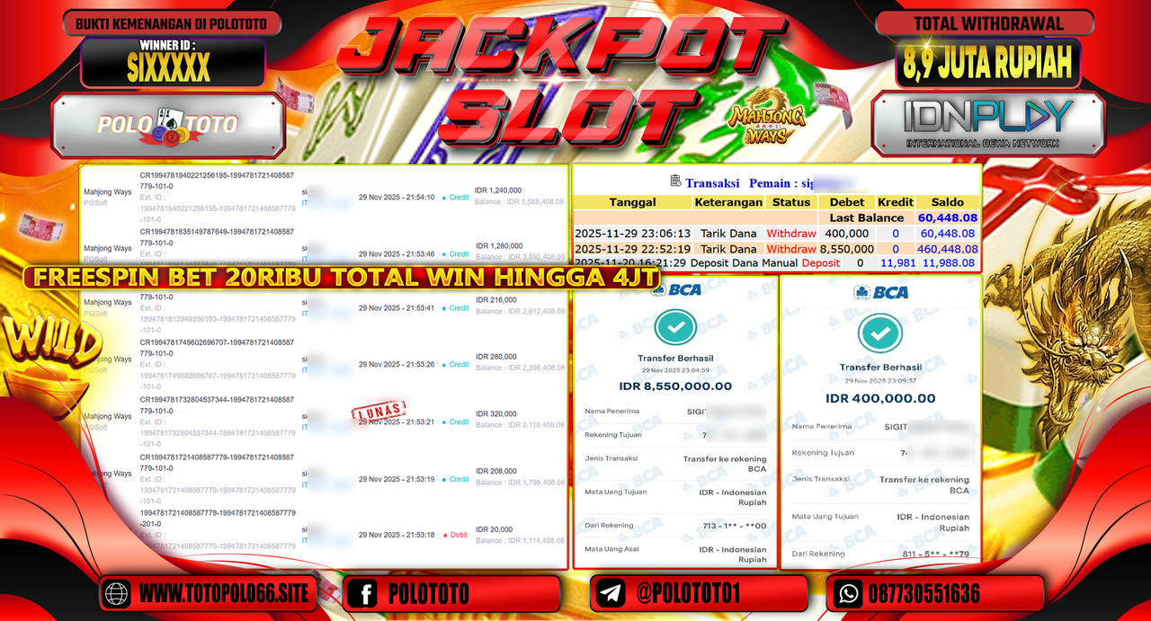 POLOTOTO JACKPOT SLOT MAHJONG WAYS Rp.8.900.000,- LUNAS