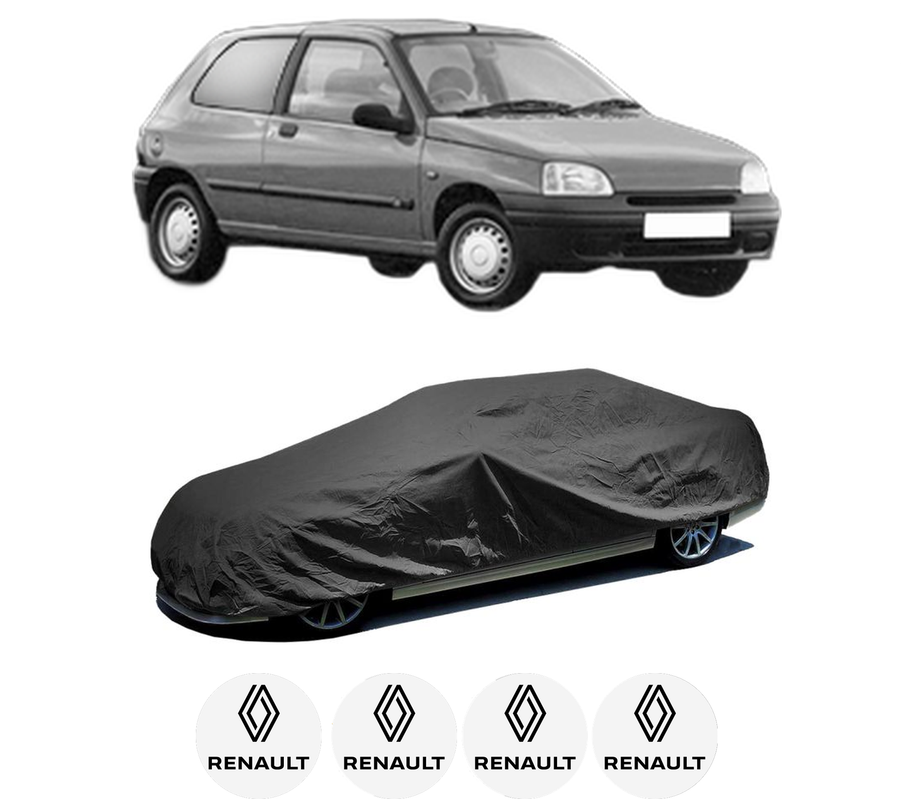 Husa tip prelata auto pentru RENAULT CLIO II Hatchback Van (SB0/1/2_) din 1998-2010, Culoare Negru, material textil impermeabil, rezistanta la intemperii praf UV, CARPASSION Husa Protectie, 4 Stickere auto cu RENAULT