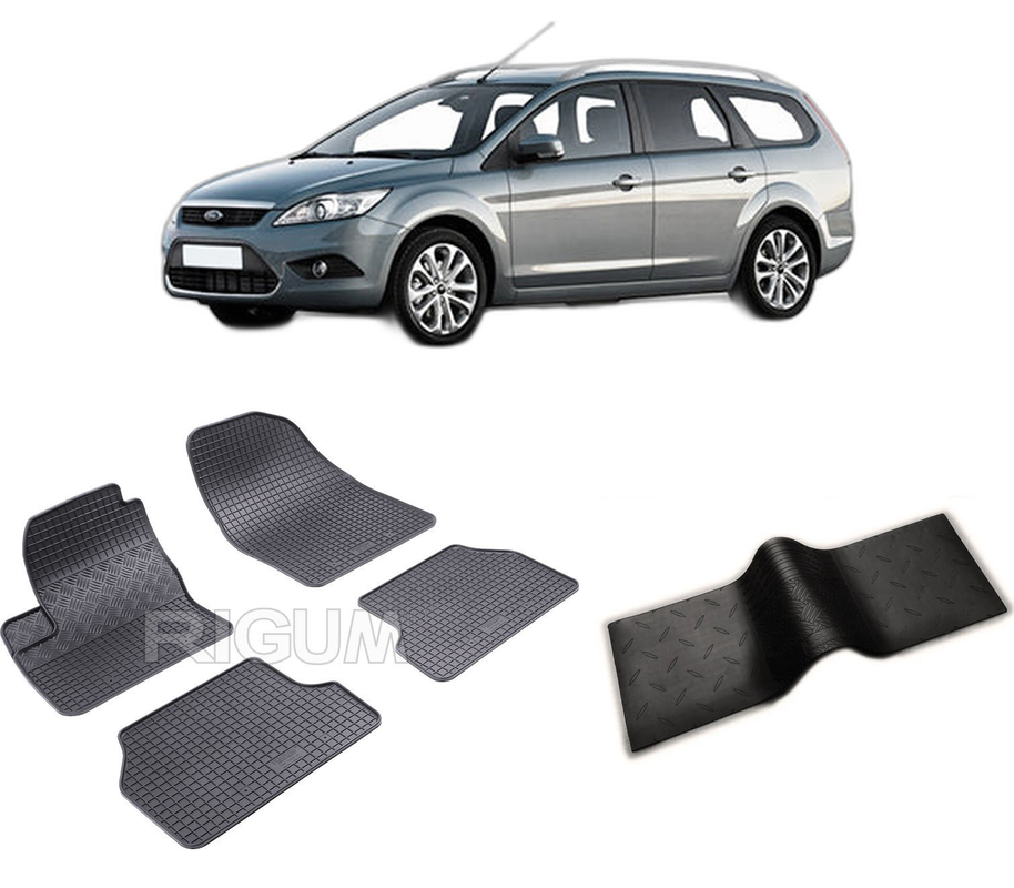 Set covorase auto FORD FOCUS II din 2004-02.2011, cu covoras tunel median, CAROSERIE COMBI, Presuri cauciuc 100%, compatibil cu autoturismul FORD FOCUS II, Rigum