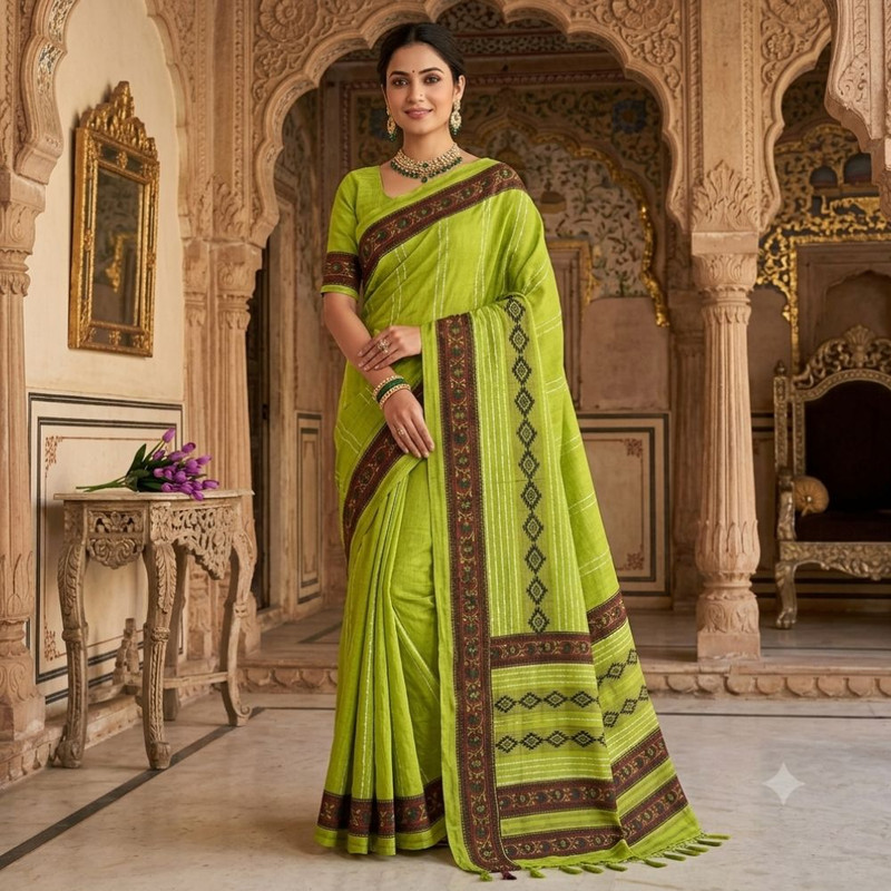 Women's Textured Slub Khadi Cotton Saree with Unstitched Blouse Piece