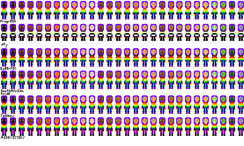 a row of people with pride flag shirts and dark purple hair