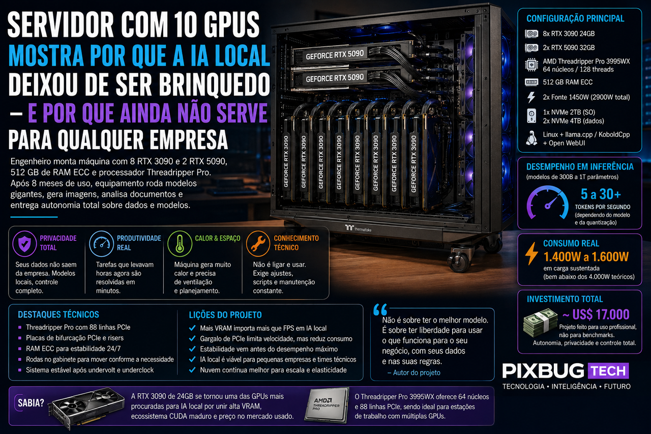 Servidor com dez GPUs mostra por que a IA local deixou de ser brinquedo e por que ainda não serve para qualquer empresa