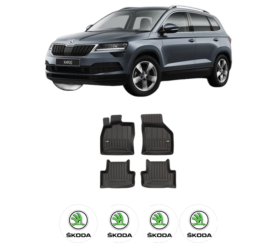 Set covorase presuri SKODA KAROQ (NU7, ND7) din 2017-2020, auto, din cauciuc thermoplastic, 4 Stickere auto cu SKODA