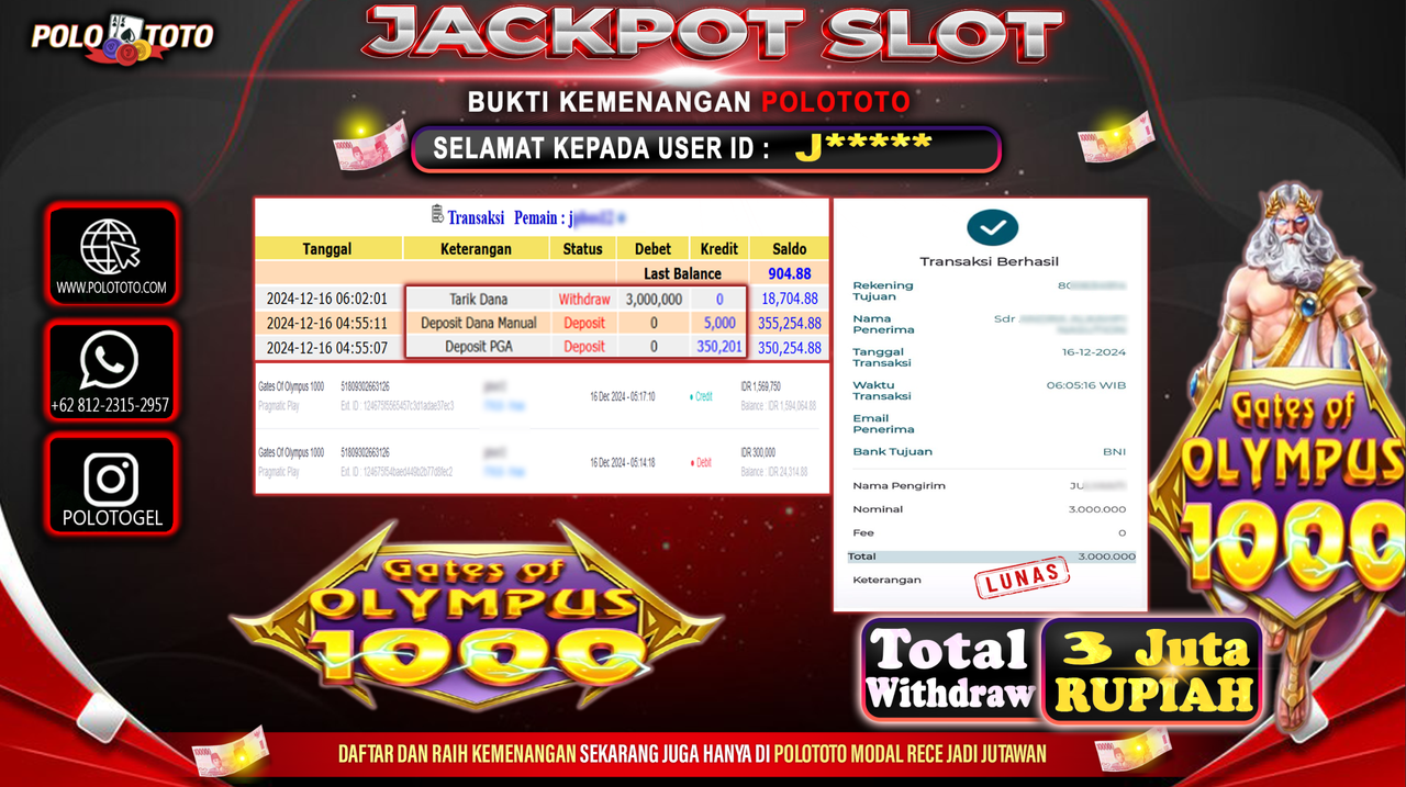 POLOTOTO JACKPOT SLOT GATES OF OLYMPUS 1000 Rp.3,000.000,-