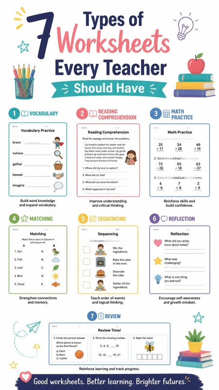 9 16 Pinterest infographic titled 7 Types of Worksheets Every Teacher Should Have Attractive mini