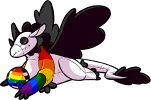 Stuffed black and white Pearlcatcher doll with a rainbow pattern around their neck and coming down to the forelimbs (almost as if wearing a scarf). Their pearl is black and white striped, with a rainbow triangle on top. Made by Owltrees.
