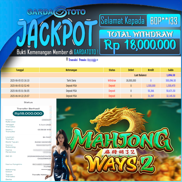 JACKPOT DI PERMAINAN  SLOT PRAGMATIC PLAY MAHJONG WAYS 2 WD Rp 18.000.000,- DIBAYAR LUNAS GARDATOTO MANTAP !
