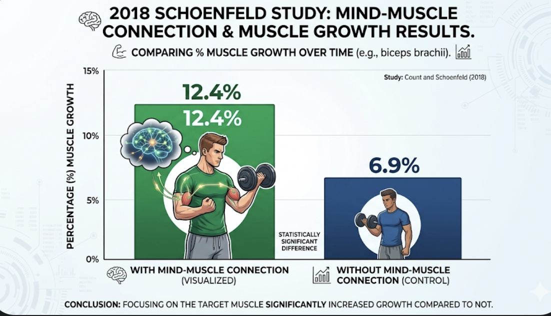 Bar chart comparing muscle growth results from 2018 Schoenfeld study 12.4 percent gain with mind-muscle vs 6.9 percent without