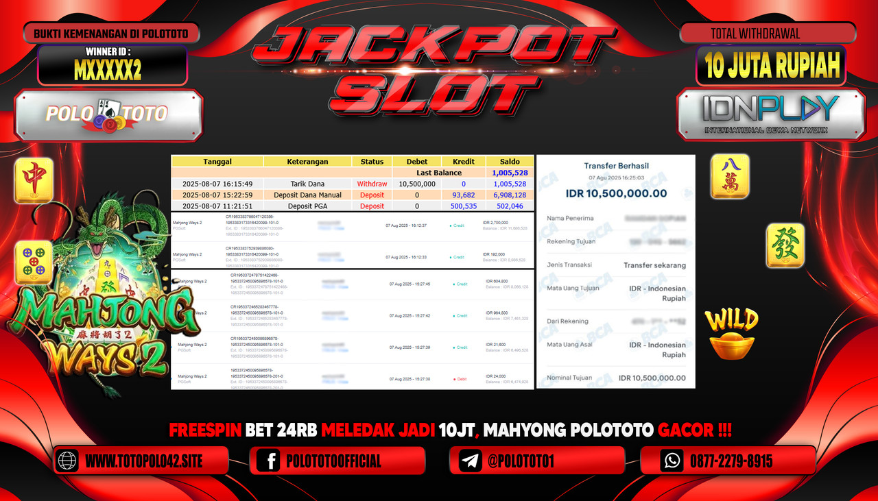 POLOTOTO JACKPOT SLOT MAHJONG WAYS Rp.10.000.000,-LUNAS