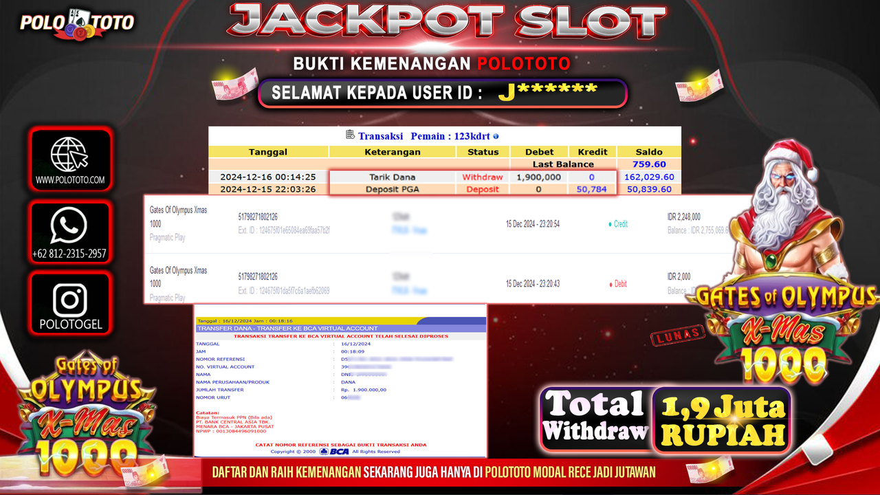 POLOTOTO JACKPOT SLOT GATES OF OLYMPUS X-MAS 1000 Rp.1,900.000,-